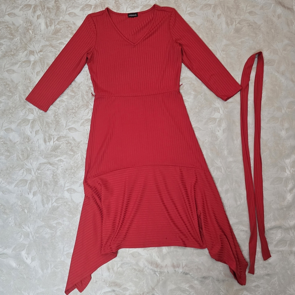 Messini Dress Women Size PS Red Striped Belted 3/4 Sleeve VNeck Patriotic Classy